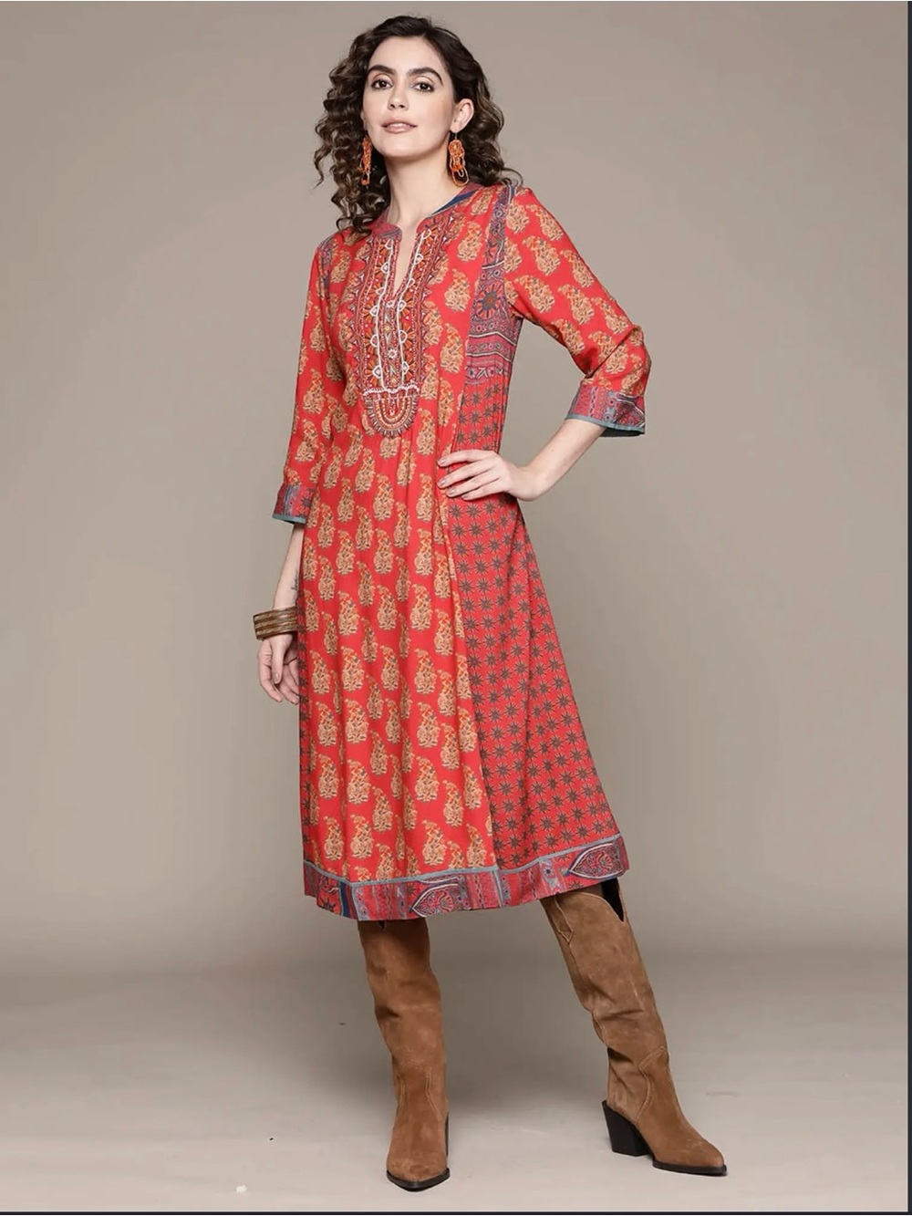 Soft Surroundings Phoenix Bohemian Midi Embroidered Beaded Dress Red Size S